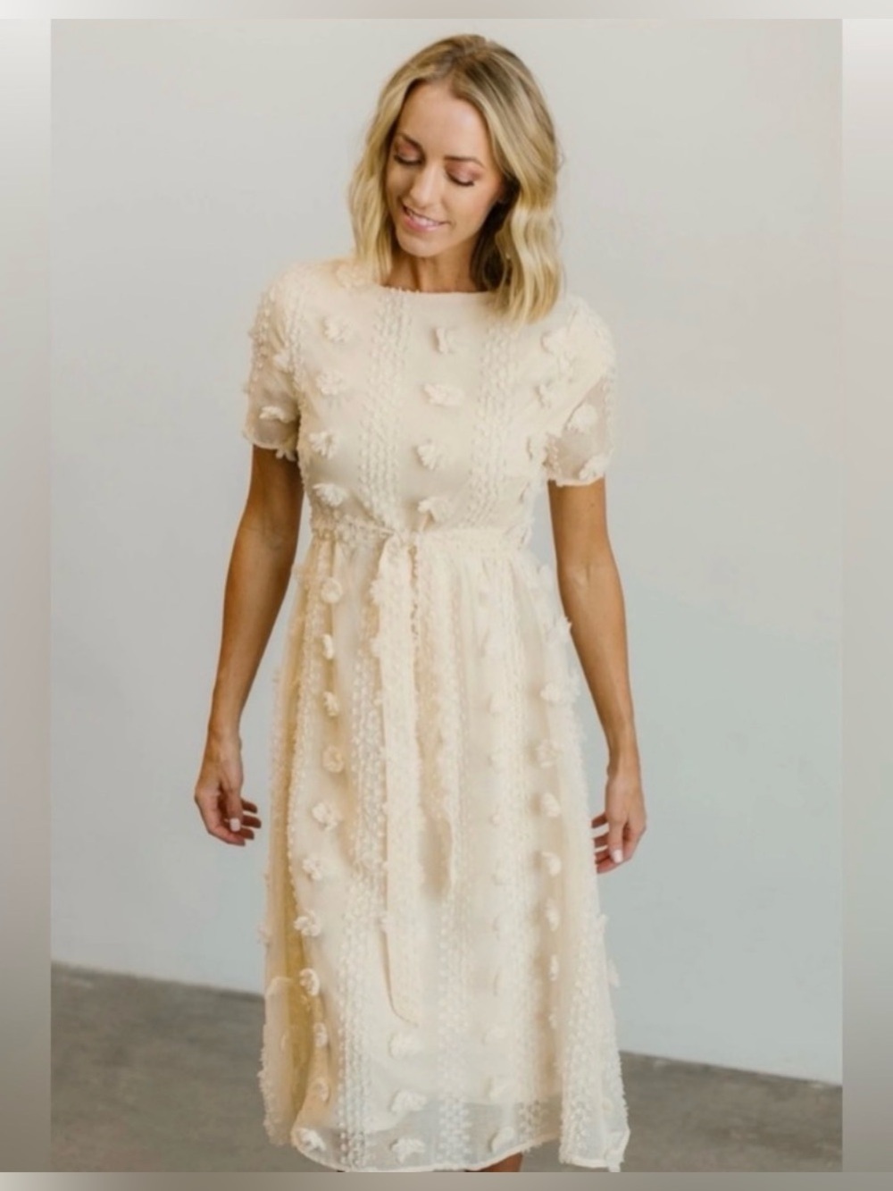 Baltic Born Cream Midi Dress with Textured Pom Detail